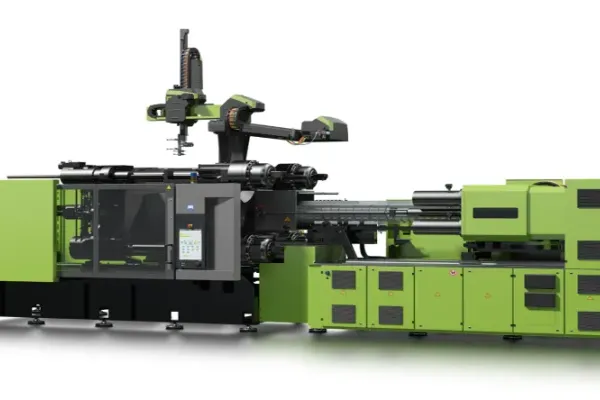 A large injection moulding machine with an automatic removal robot, of the kind used at the upper end of our clamping force range.