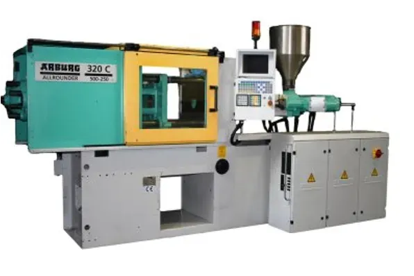 A smaller injection moulding machine, an Arburg Allrounder 320 C, of the kind used at the lower end of our clamping force range.